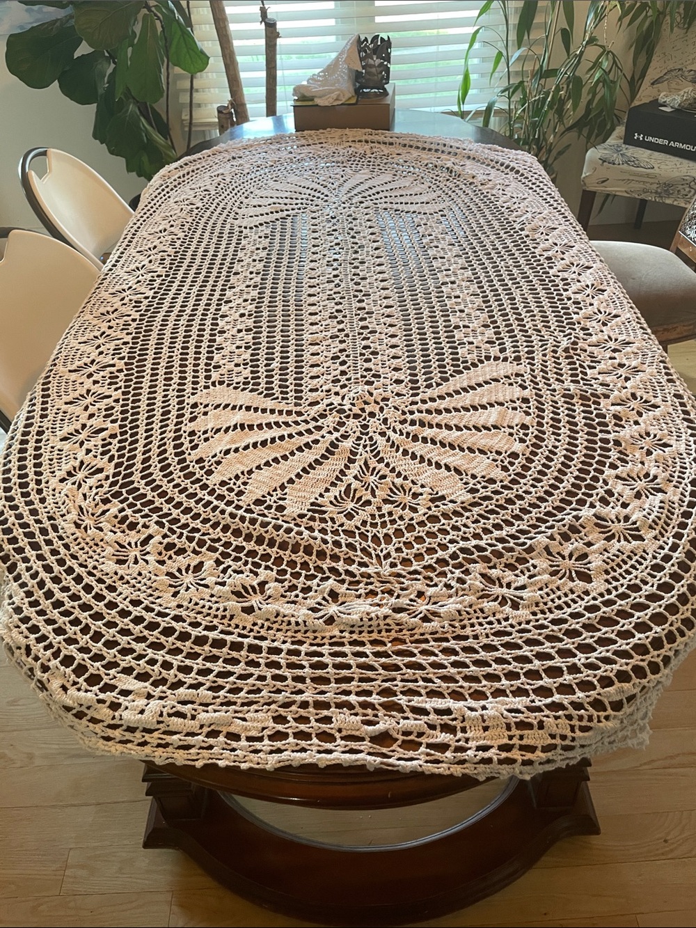 Vintage Handmade White Crochet Oval Tablecloth 85” x 56” Cotton Lace Linens